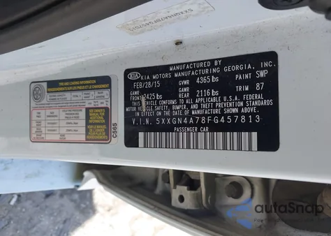 2015 Kia Optima Ex z USA, uszkodzony, nr VIN 5XXGN4A78FG457813